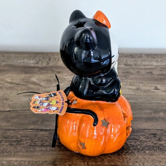 Blue Sky Clayworks Black Cat Costumed Hello Kitty on Jack-O-Lantern Tealight NWT - Picture 2 of 7